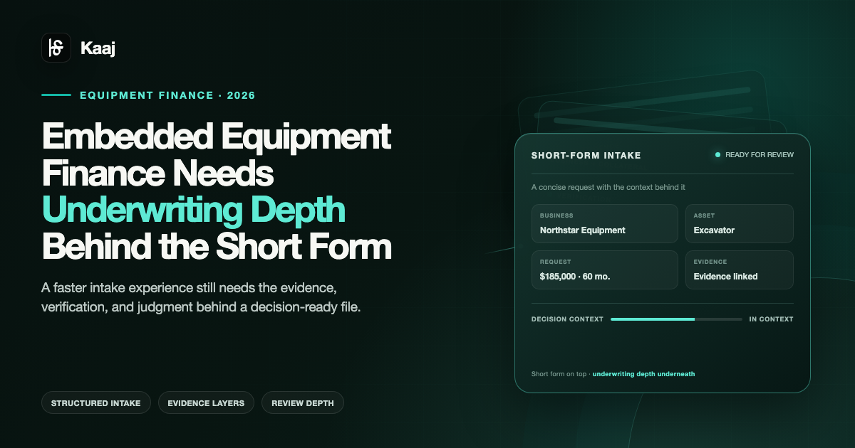 Short-form equipment finance application shown above layered verification, evidence, and underwriting context.